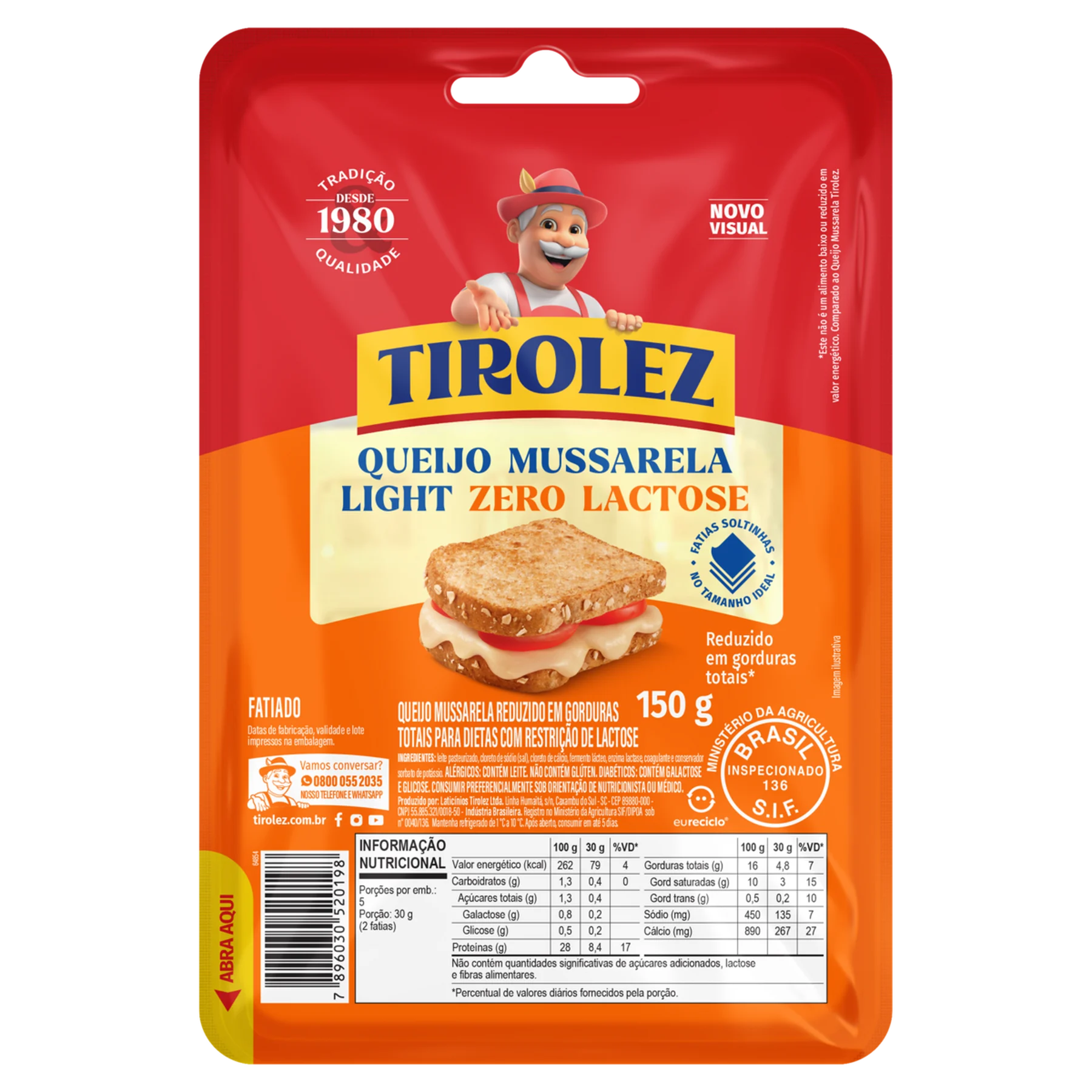 7896030520198 Queijo Mussarela Zero Lactose Tirolez 150g - Imagem 1