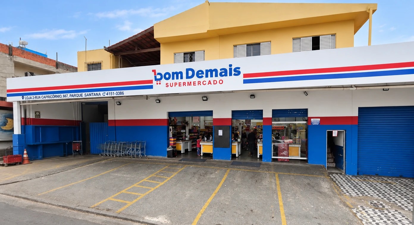 Fachada da Loja 2 do Bom Demais Supermercado, na Rua Capricórnio, 667, Parque Santana