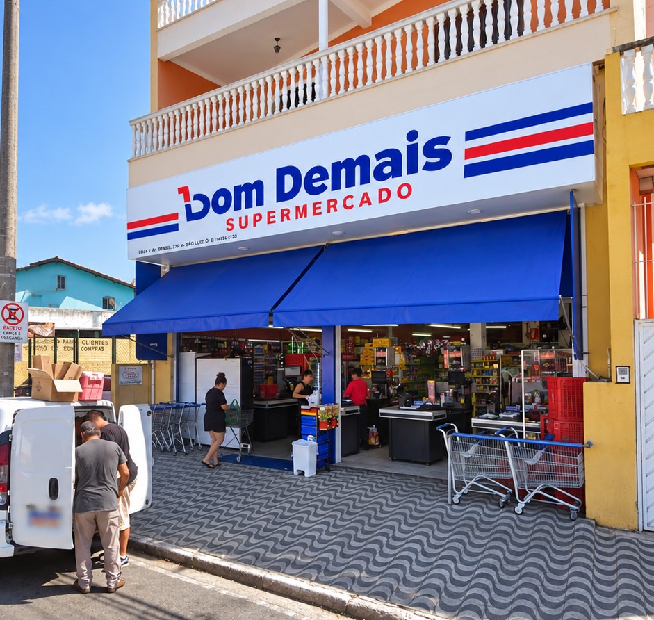 Fachada da Loja 3 do Bom Demais Supermercado, na Avenida Brasil, 276, Jardim São Luiz